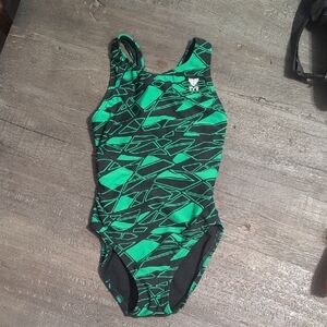 TYR Kids One Piece Swimsuit - Geometric Green and Black